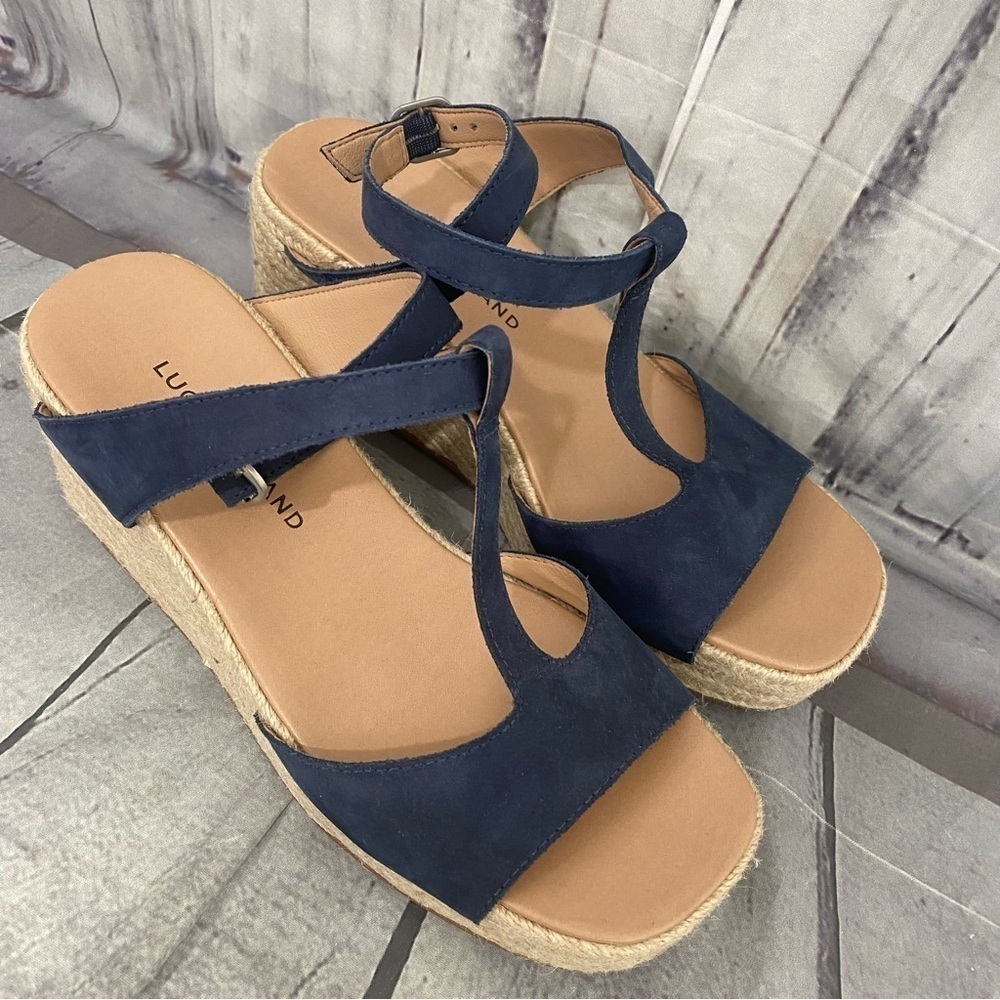 Lucky Brand Size 8.5 M Blue Suede Ankle Strap Espadrille Wedge Sandals Jute NEW - Picture 2 of 10